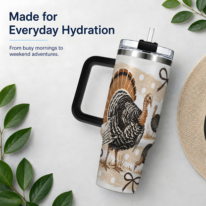 #pl[40oz|Black] Thanksgiving Turkey 40oz Stainless Steel Tumbler, Polka Dot Bow Design