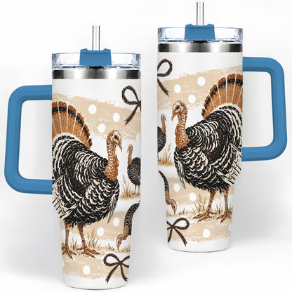 #pl[40oz|Blue] Thanksgiving Turkey 40oz Stainless Steel Tumbler, Polka Dot Bow Design