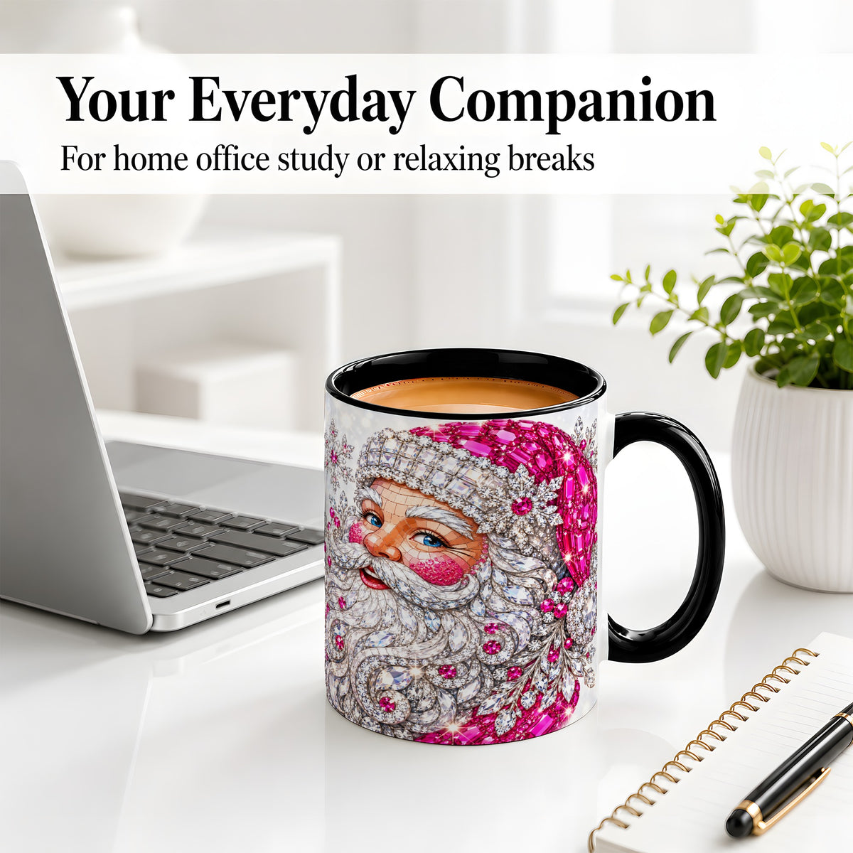 #pl[11oz|Black] Jeweled Christmas Santa Ceramic Mug, Pink Crystal Holiday Artwork