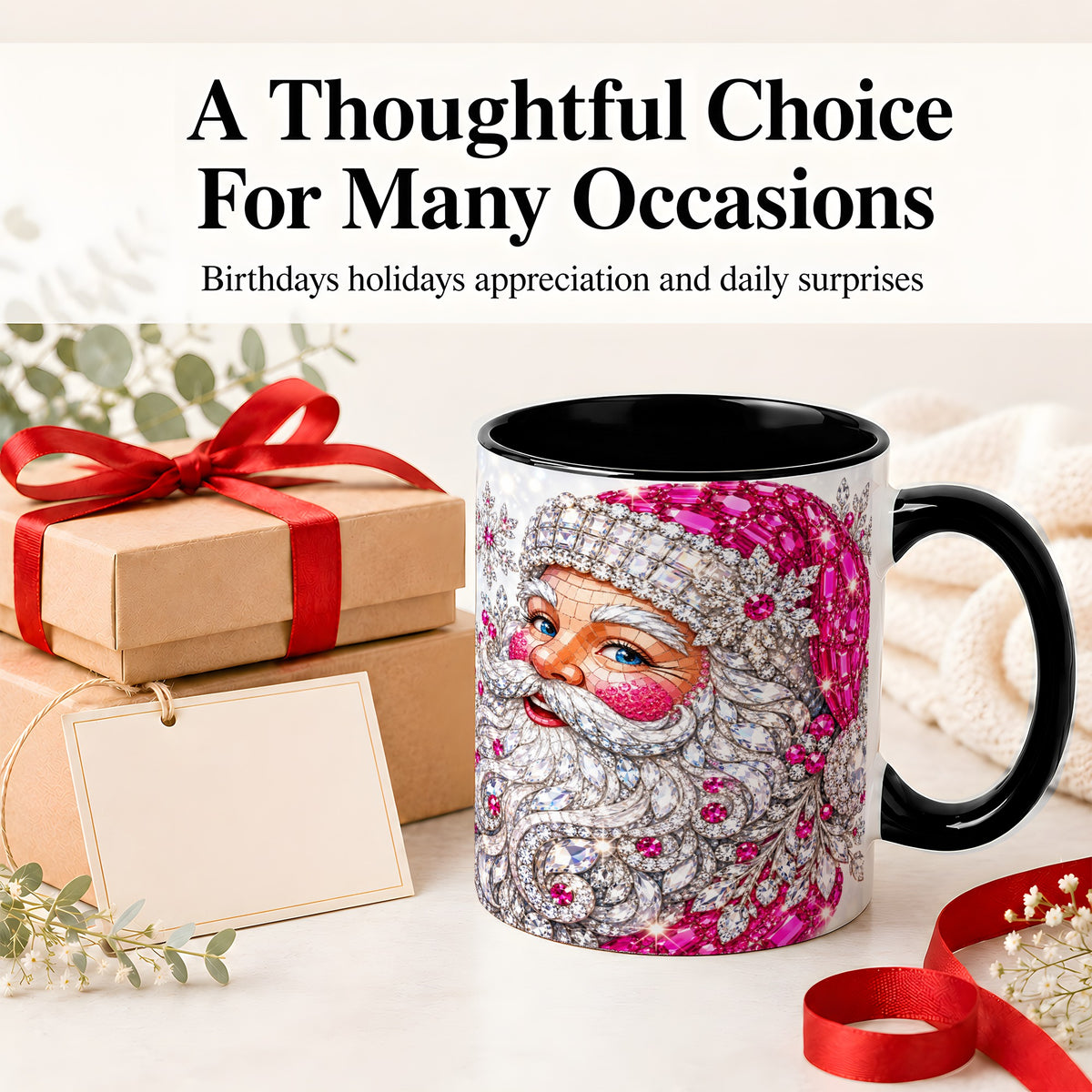 #pl[11oz|Black] Jeweled Christmas Santa Ceramic Mug, Pink Crystal Holiday Artwork