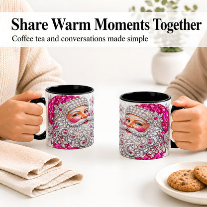 #pl[11oz|Black] Jeweled Christmas Santa Ceramic Mug, Pink Crystal Holiday Artwork