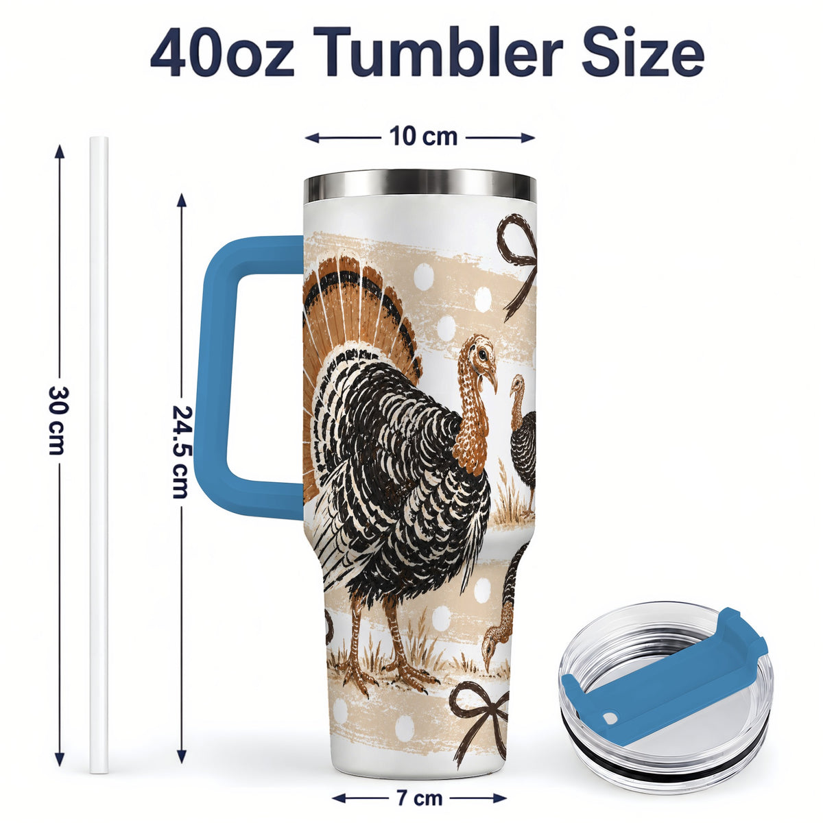 #pl[40oz|Blue] Thanksgiving Turkey 40oz Stainless Steel Tumbler, Polka Dot Bow Design