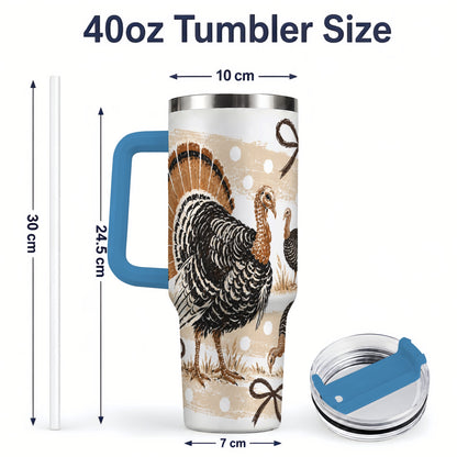 #pl[40oz|Blue] Thanksgiving Turkey 40oz Stainless Steel Tumbler, Polka Dot Bow Design