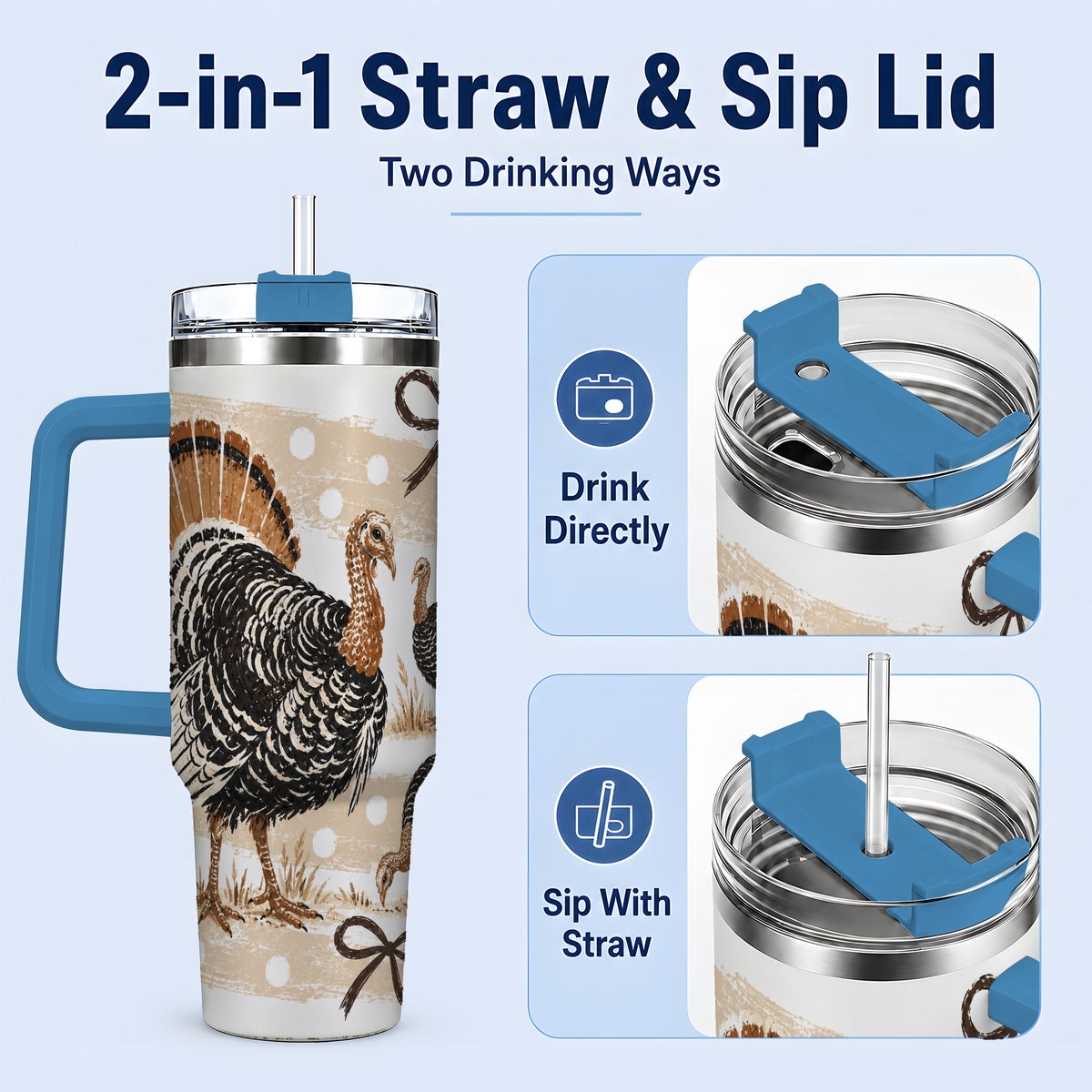 #pl[40oz|Blue] Thanksgiving Turkey 40oz Stainless Steel Tumbler, Polka Dot Bow Design