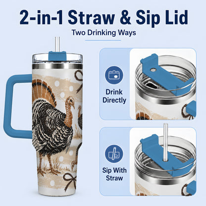 #pl[40oz|Blue] Thanksgiving Turkey 40oz Stainless Steel Tumbler, Polka Dot Bow Design