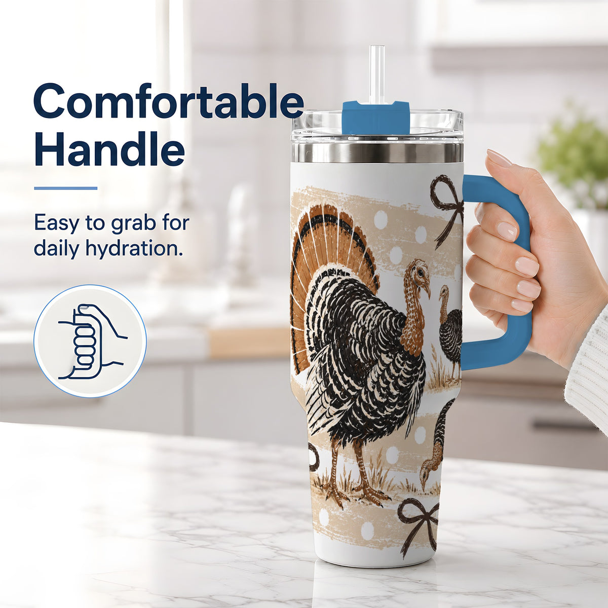 #pl[40oz|Blue] Thanksgiving Turkey 40oz Stainless Steel Tumbler, Polka Dot Bow Design