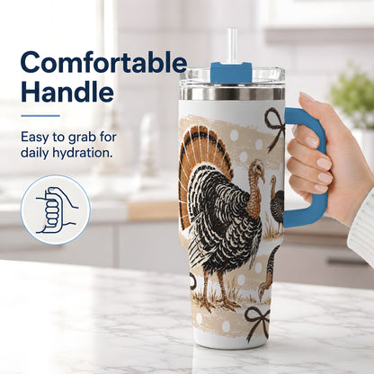 #pl[40oz|Blue] Thanksgiving Turkey 40oz Stainless Steel Tumbler, Polka Dot Bow Design