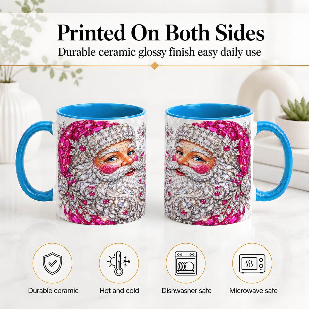 #pl[11oz|Blue] Jeweled Christmas Santa Ceramic Mug, Pink Crystal Holiday Artwork