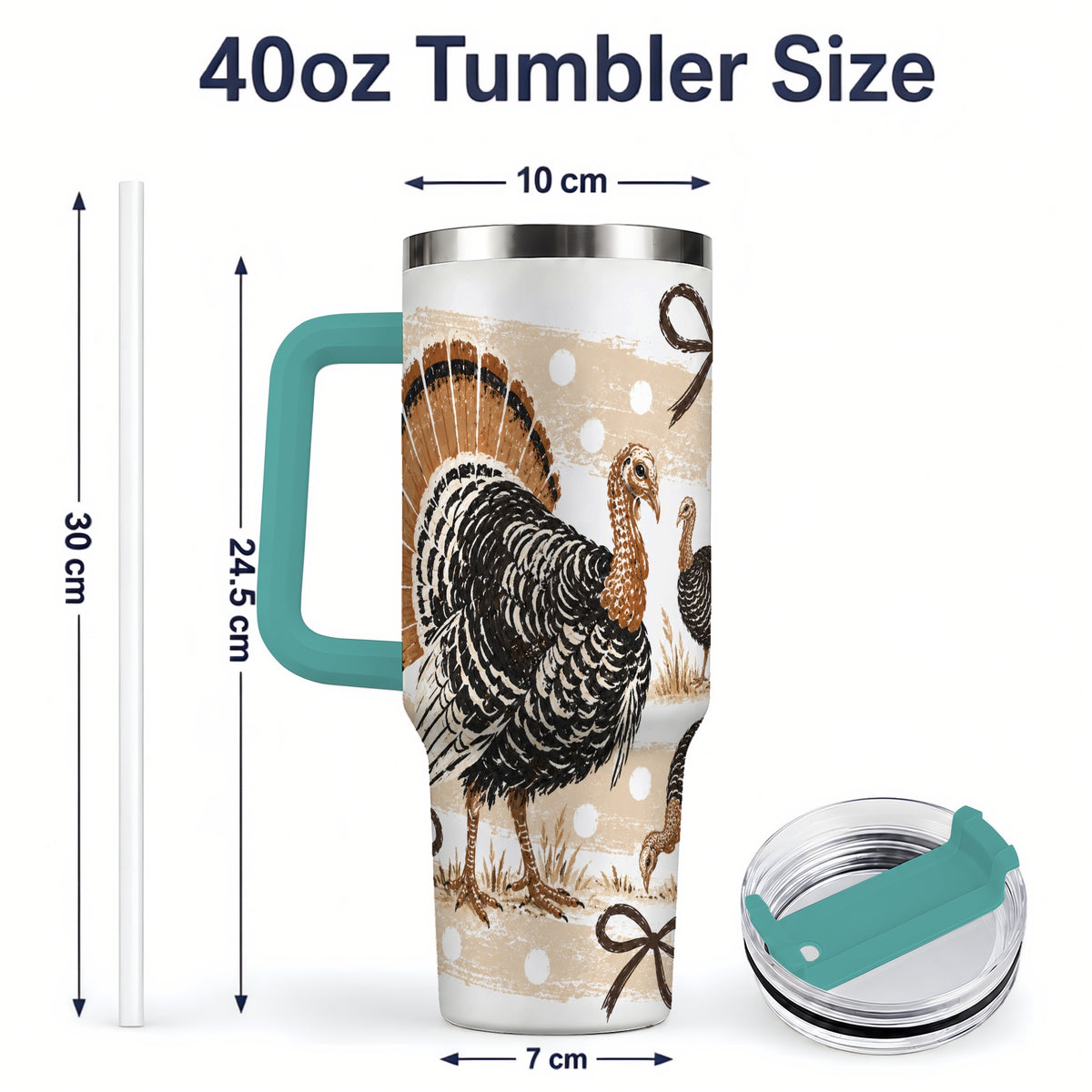 #pl[40oz|Green] Thanksgiving Turkey 40oz Stainless Steel Tumbler, Polka Dot Bow Design