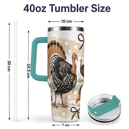 #pl[40oz|Green] Thanksgiving Turkey 40oz Stainless Steel Tumbler, Polka Dot Bow Design