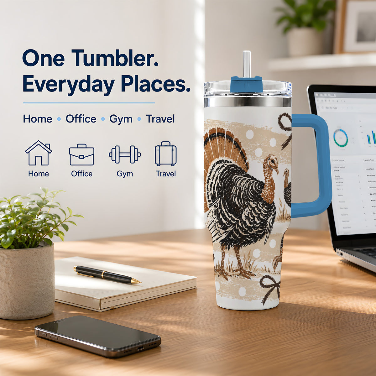 #pl[40oz|Blue] Thanksgiving Turkey 40oz Stainless Steel Tumbler, Polka Dot Bow Design