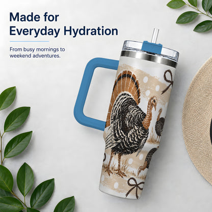 #pl[40oz|Blue] Thanksgiving Turkey 40oz Stainless Steel Tumbler, Polka Dot Bow Design