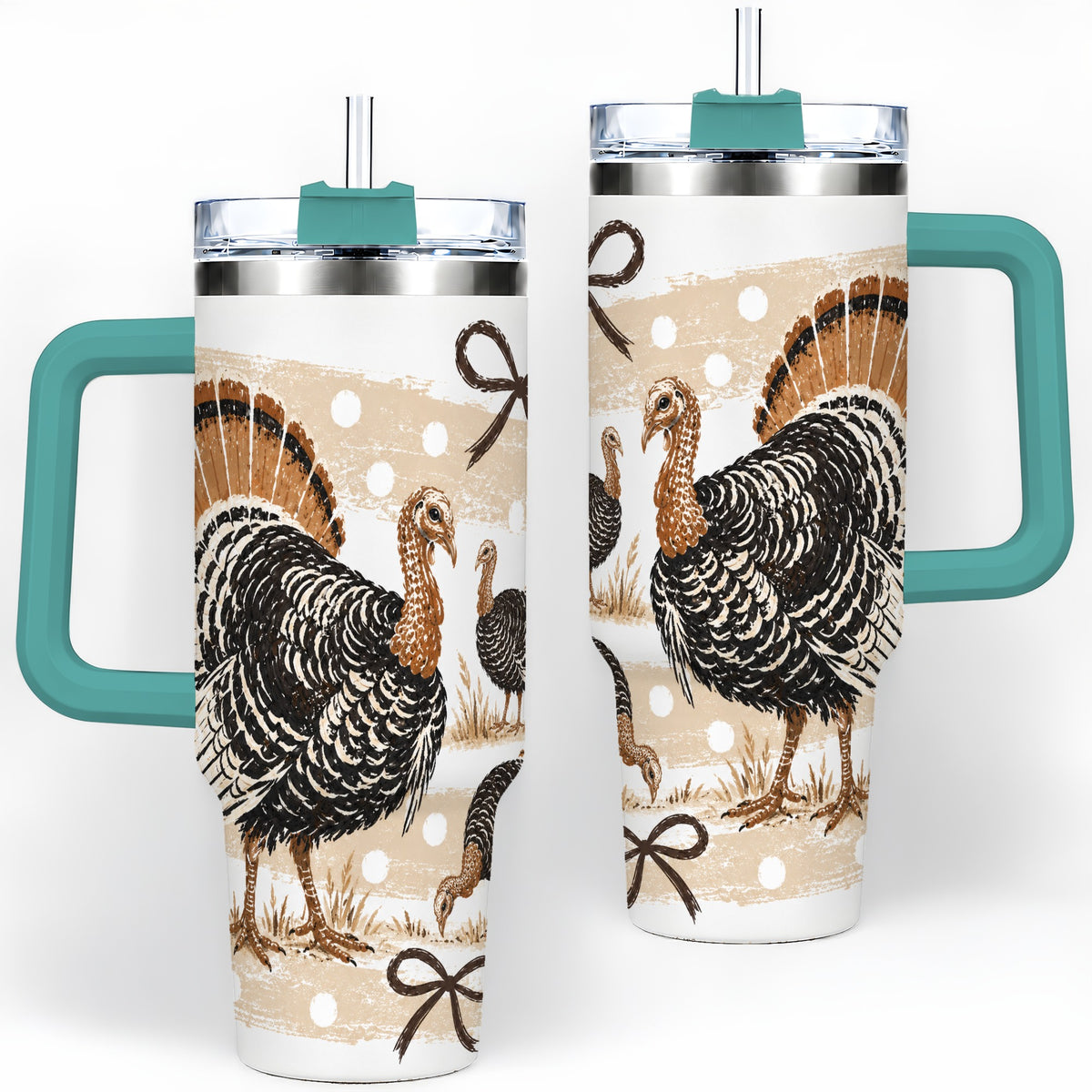 #pl[40oz|Green] Thanksgiving Turkey 40oz Stainless Steel Tumbler, Polka Dot Bow Design