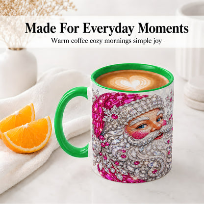 #pl[11oz|Green] Jeweled Christmas Santa Ceramic Mug, Pink Crystal Holiday Artwork