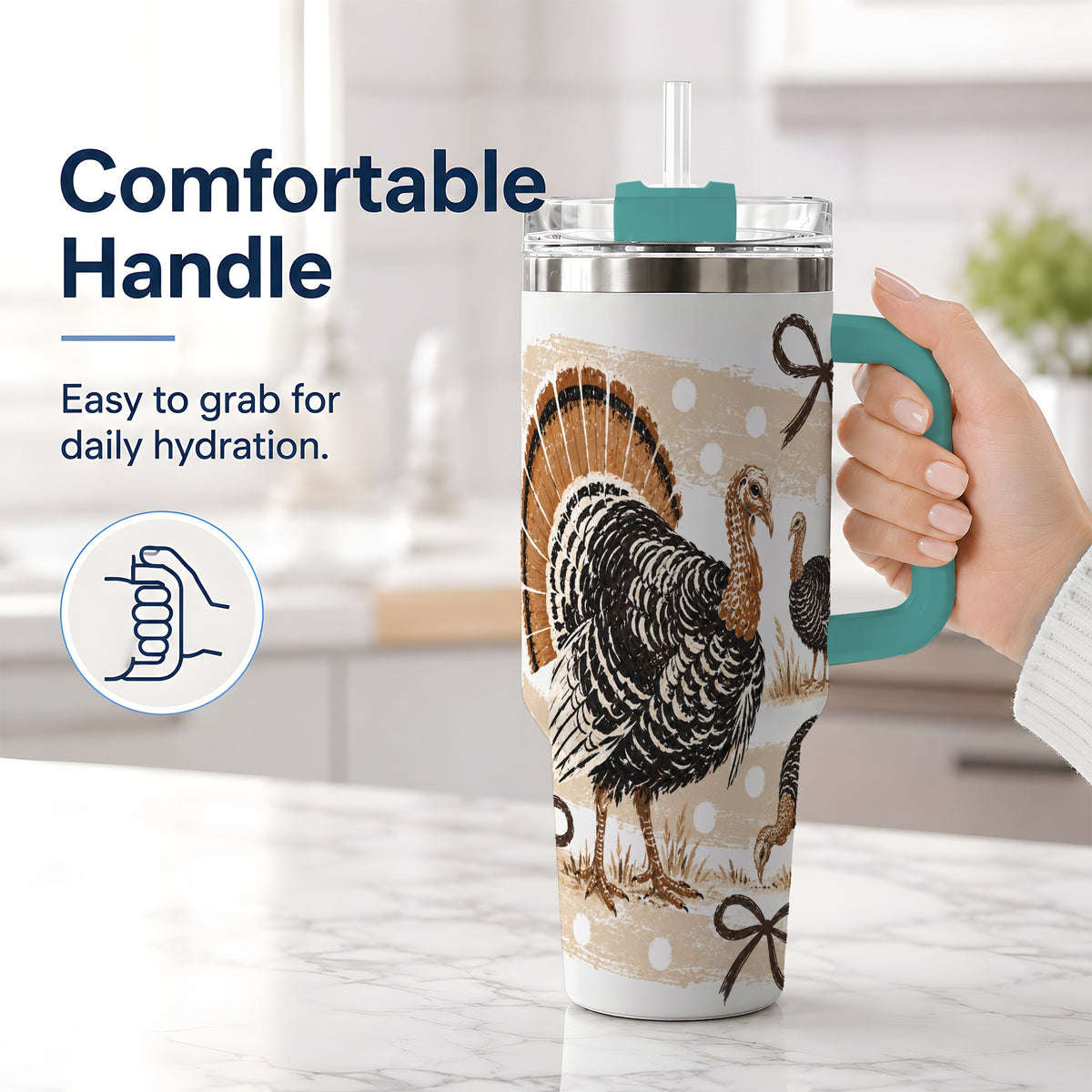 #pl[40oz|Green] Thanksgiving Turkey 40oz Stainless Steel Tumbler, Polka Dot Bow Design
