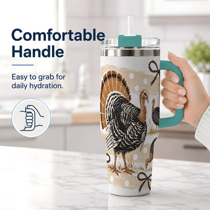 #pl[40oz|Green] Thanksgiving Turkey 40oz Stainless Steel Tumbler, Polka Dot Bow Design