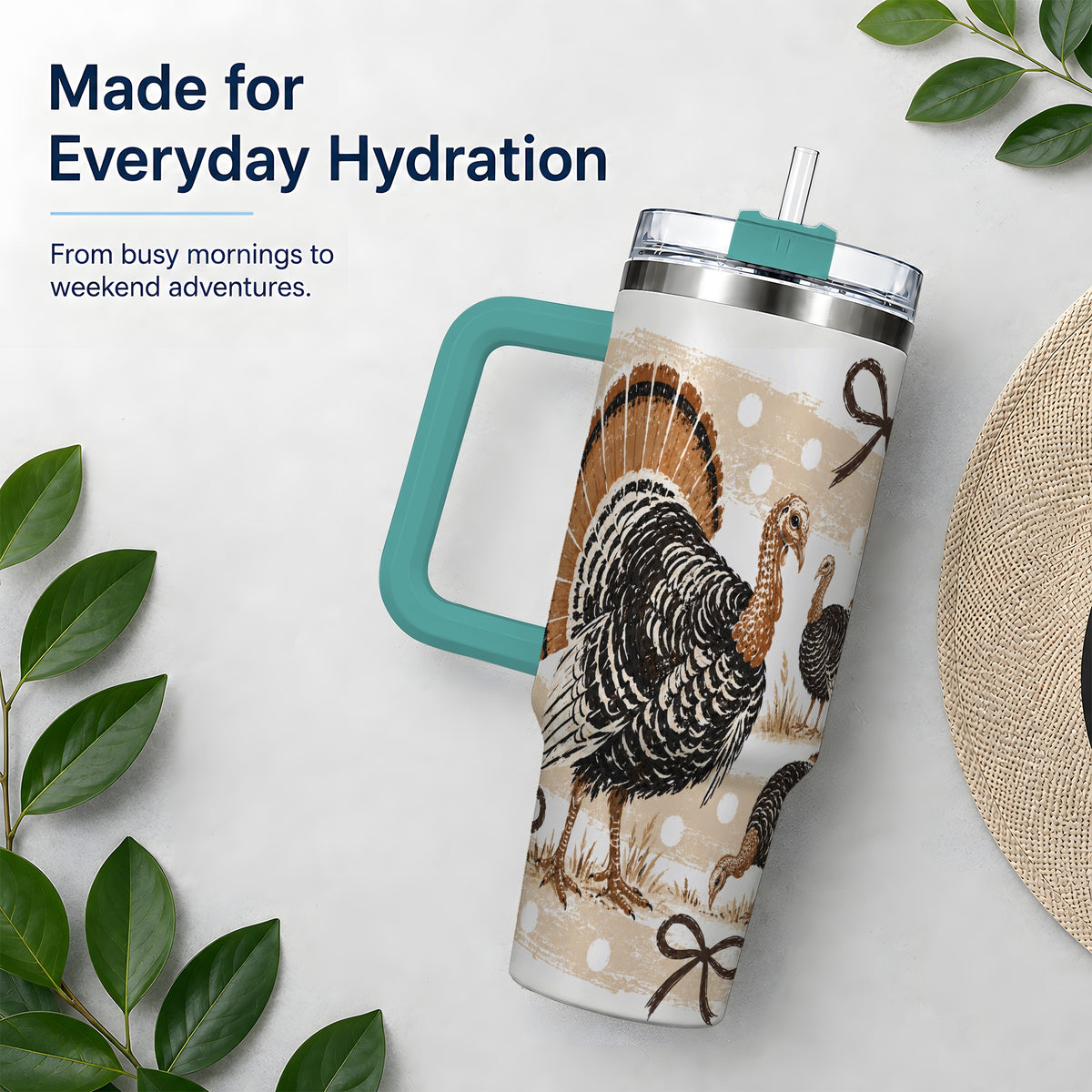 #pl[40oz|Green] Thanksgiving Turkey 40oz Stainless Steel Tumbler, Polka Dot Bow Design