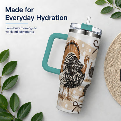 #pl[40oz|Green] Thanksgiving Turkey 40oz Stainless Steel Tumbler, Polka Dot Bow Design