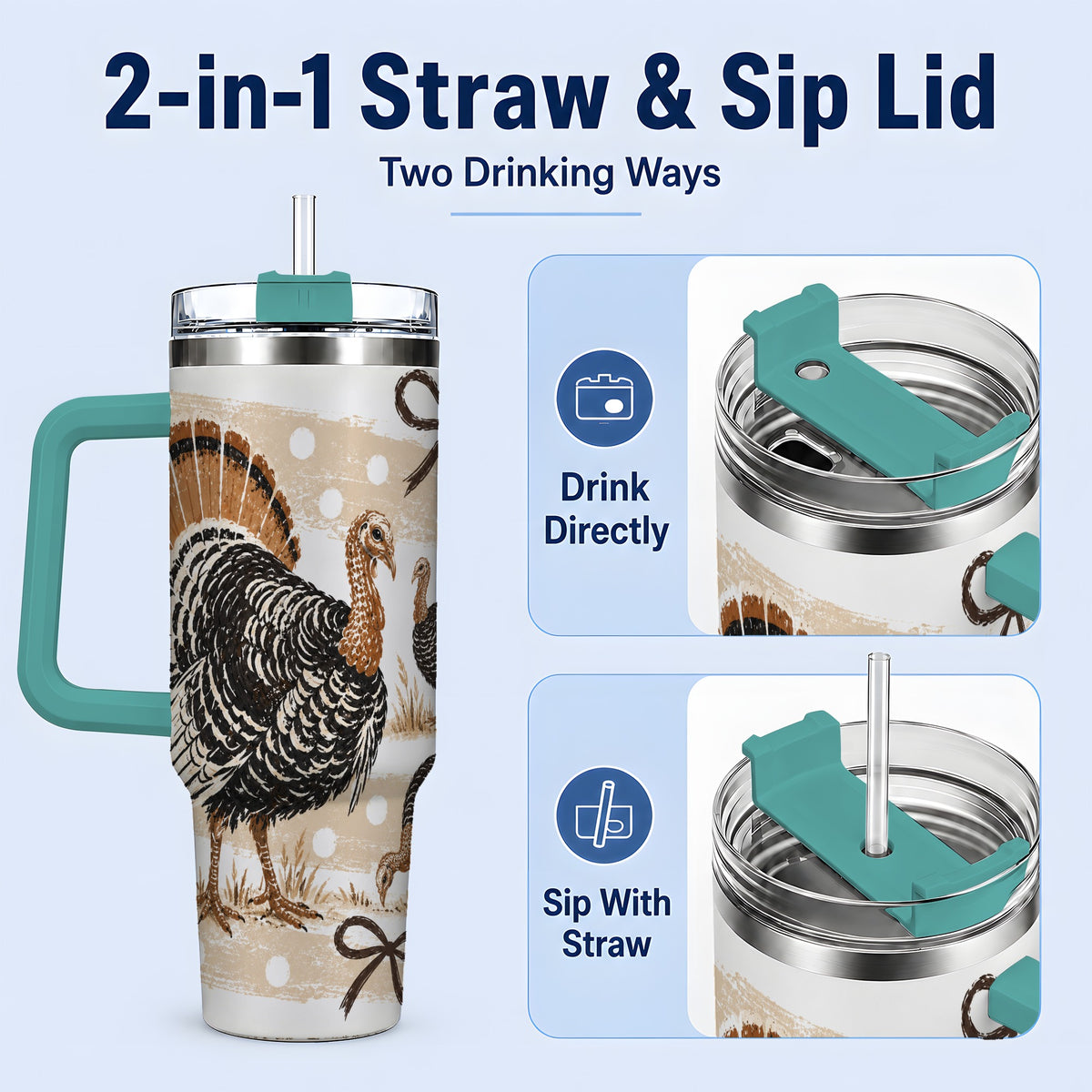 #pl[40oz|Green] Thanksgiving Turkey 40oz Stainless Steel Tumbler, Polka Dot Bow Design