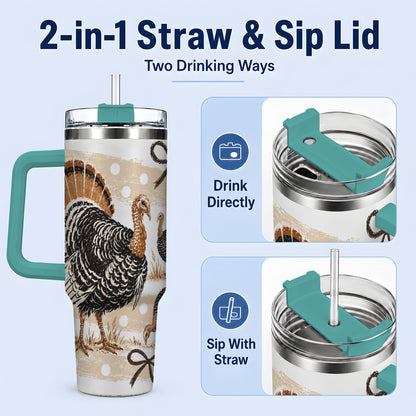 #pl[40oz|Green] Thanksgiving Turkey 40oz Stainless Steel Tumbler, Polka Dot Bow Design