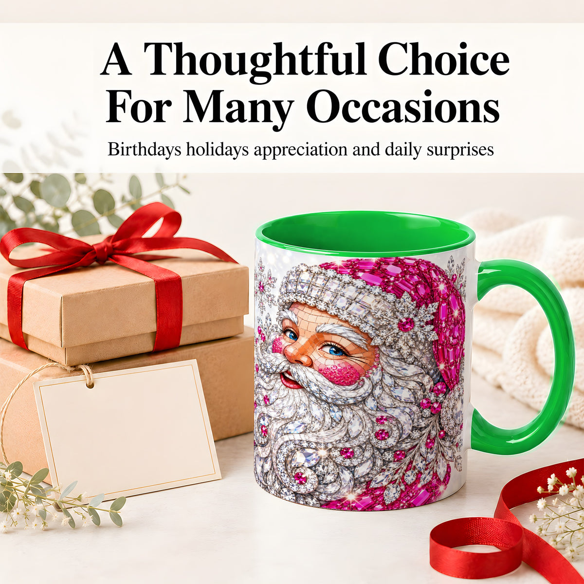 #pl[11oz|Green] Jeweled Christmas Santa Ceramic Mug, Pink Crystal Holiday Artwork