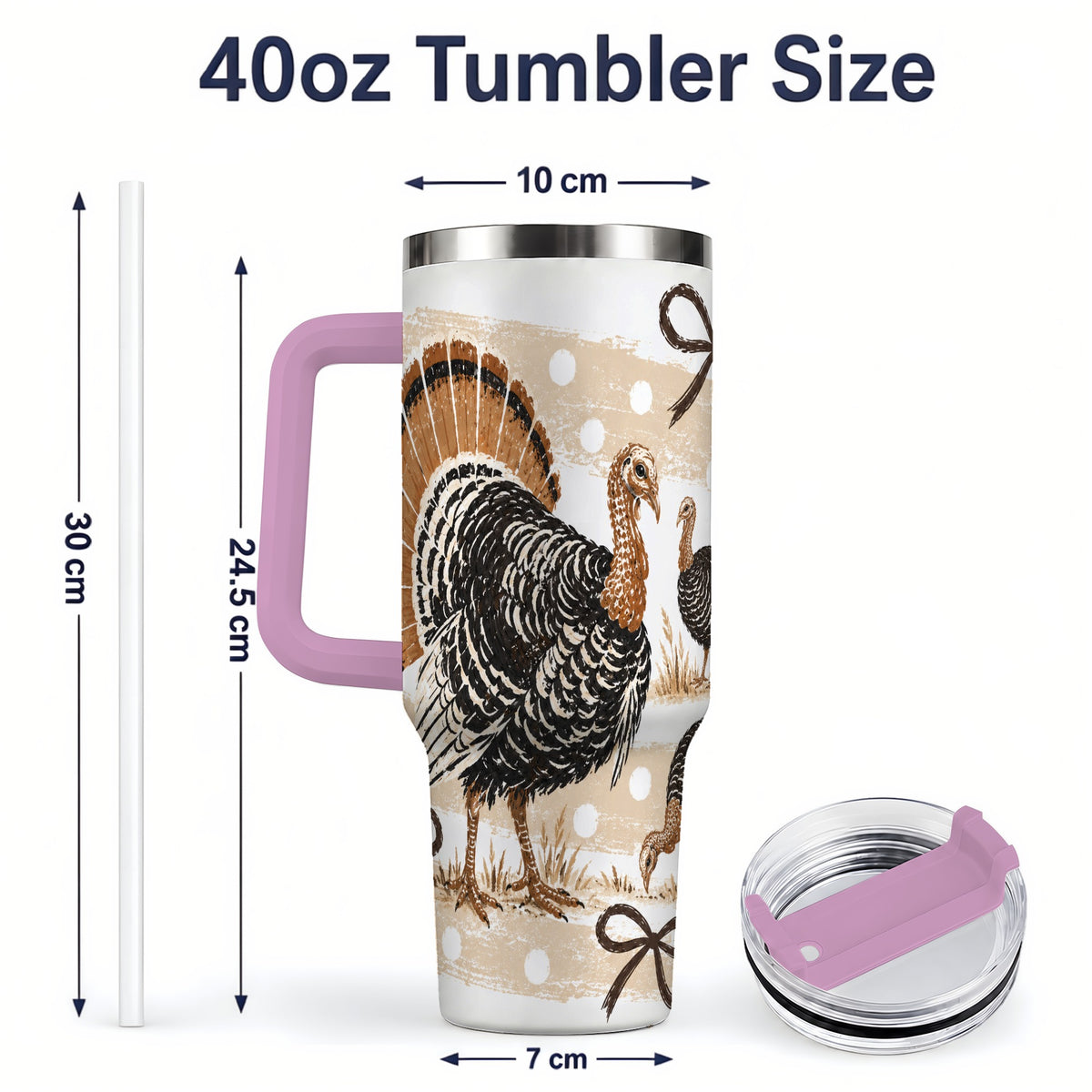 #pl[40oz|Pink] Thanksgiving Turkey 40oz Stainless Steel Tumbler, Polka Dot Bow Design