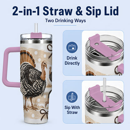#pl[40oz|Pink] Thanksgiving Turkey 40oz Stainless Steel Tumbler, Polka Dot Bow Design