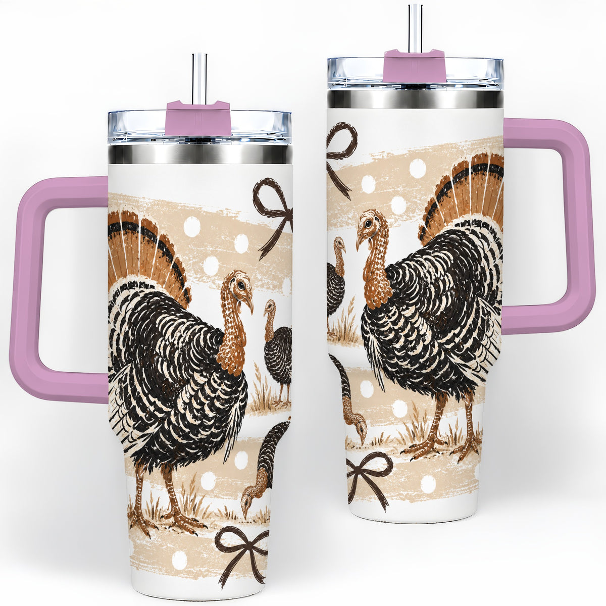 #pl[40oz|Pink] Thanksgiving Turkey 40oz Stainless Steel Tumbler, Polka Dot Bow Design