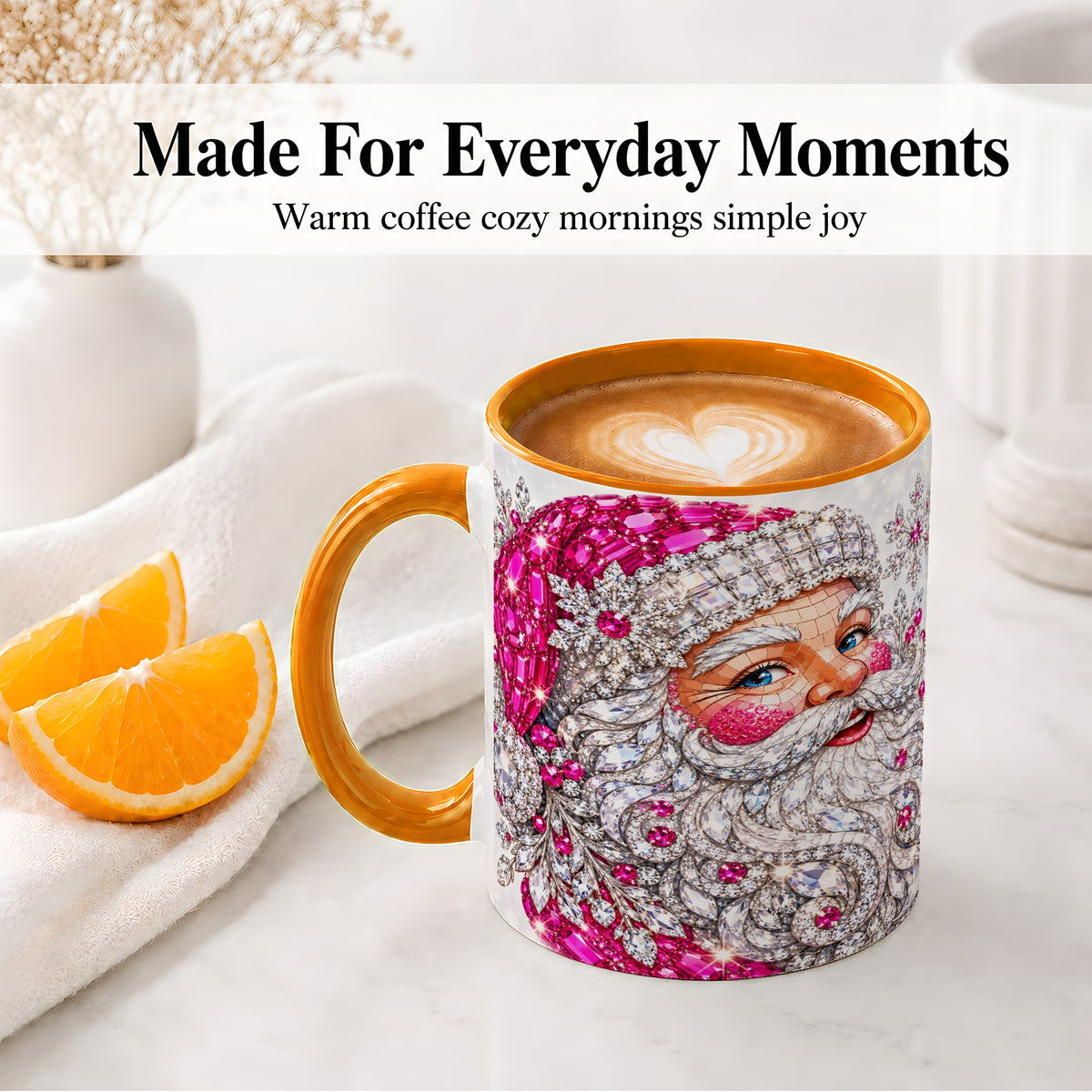 #pl[11oz|Orange] Jeweled Christmas Santa Ceramic Mug, Pink Crystal Holiday Artwork