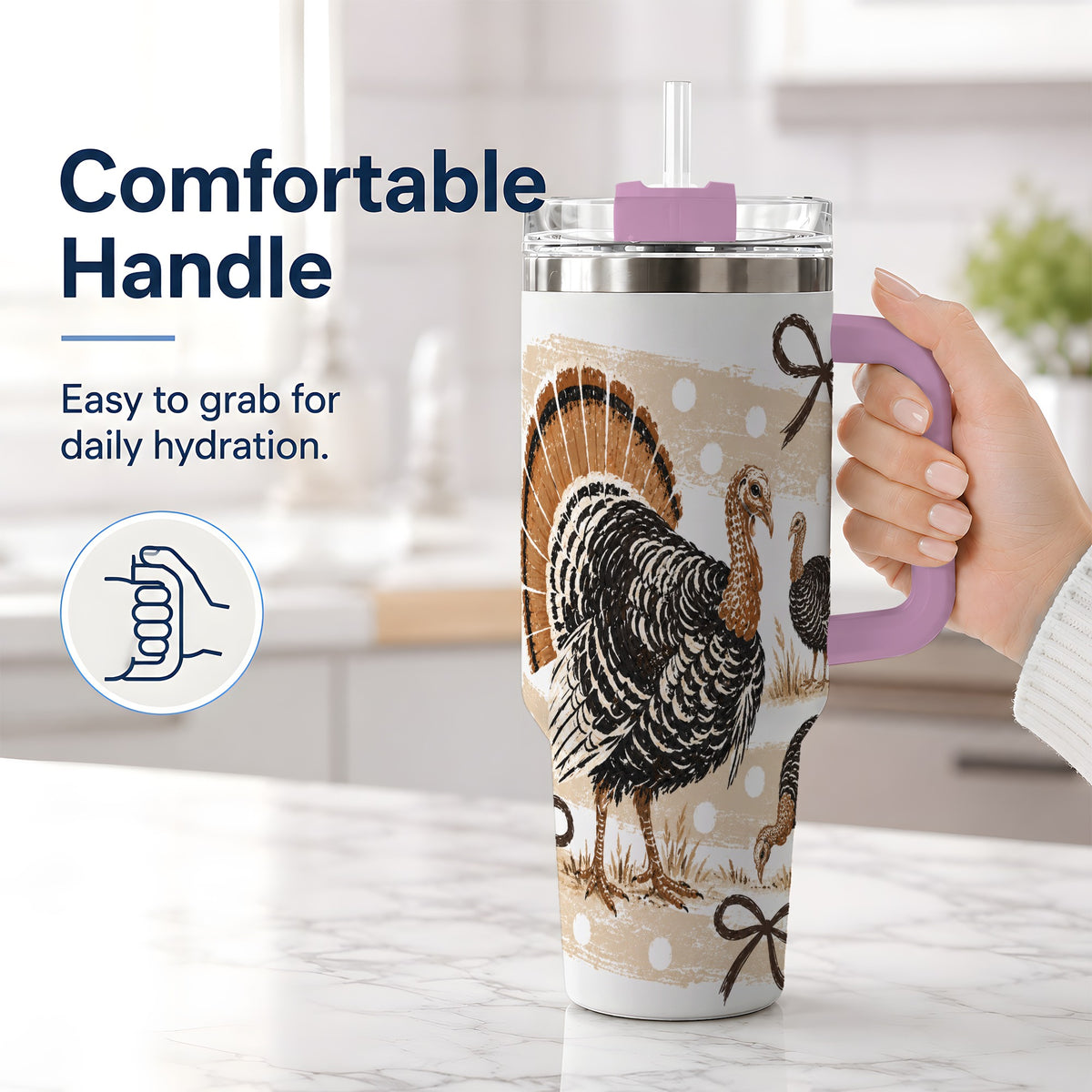 #pl[40oz|Pink] Thanksgiving Turkey 40oz Stainless Steel Tumbler, Polka Dot Bow Design