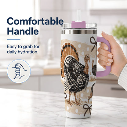 #pl[40oz|Pink] Thanksgiving Turkey 40oz Stainless Steel Tumbler, Polka Dot Bow Design