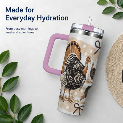 #pl[40oz|Pink] Thanksgiving Turkey 40oz Stainless Steel Tumbler, Polka Dot Bow Design