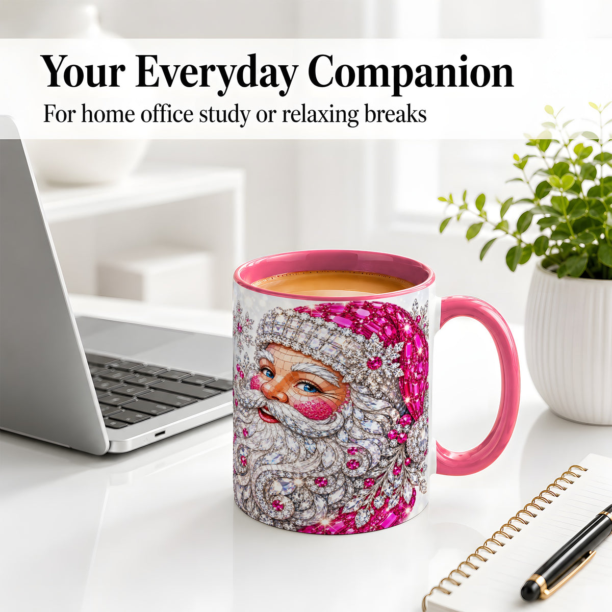 #pl[11oz|Pink] Jeweled Christmas Santa Ceramic Mug, Pink Crystal Holiday Artwork