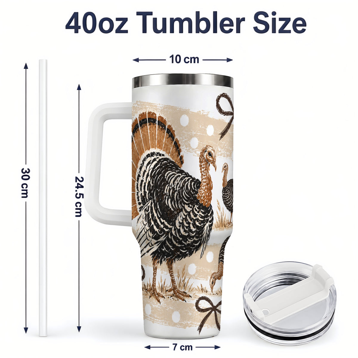 #pl[40oz|White] Thanksgiving Turkey 40oz Stainless Steel Tumbler, Polka Dot Bow Design