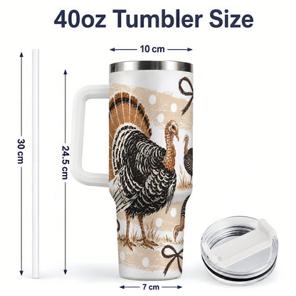 #pl[40oz|White] Thanksgiving Turkey 40oz Stainless Steel Tumbler, Polka Dot Bow Design