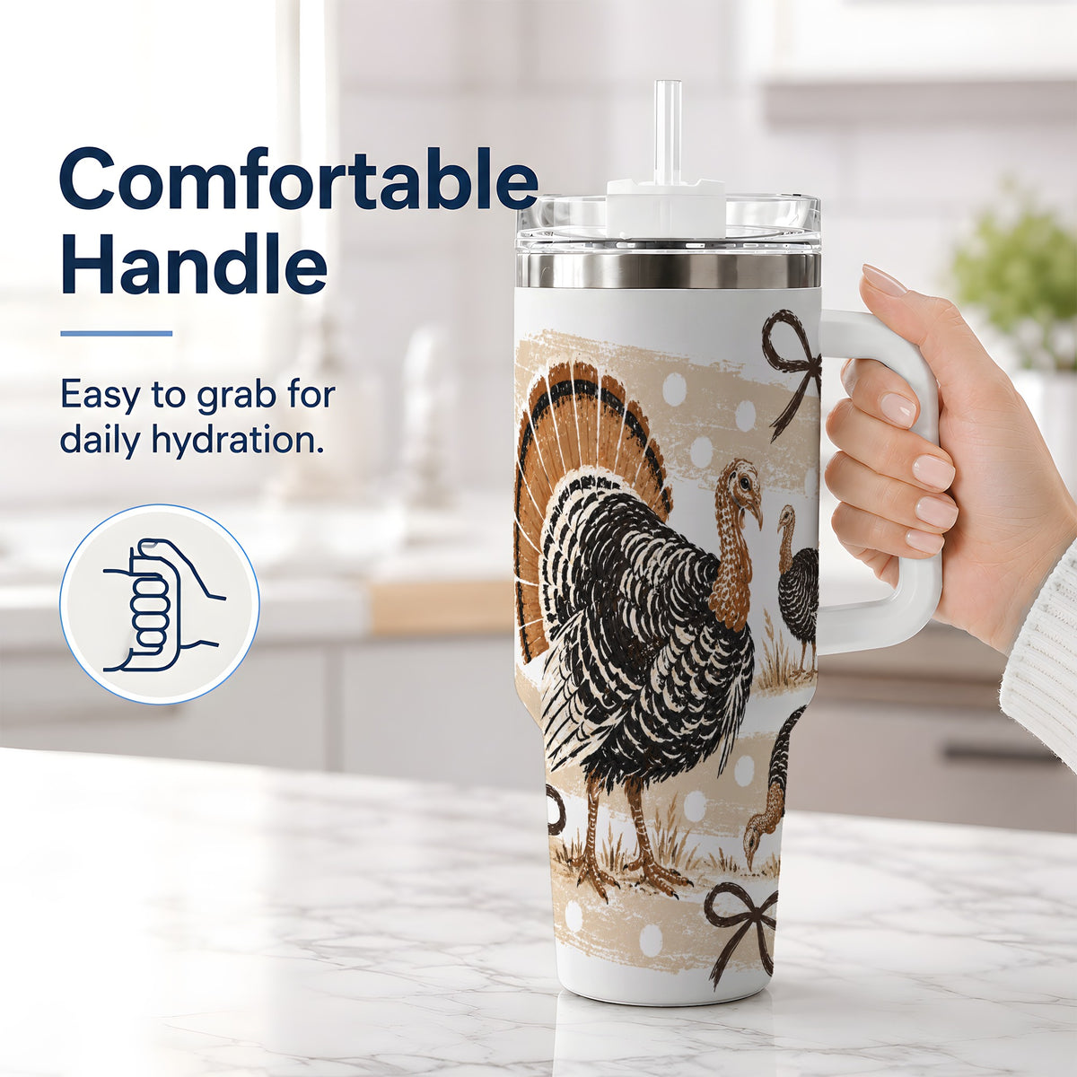 #pl[40oz|White] Thanksgiving Turkey 40oz Stainless Steel Tumbler, Polka Dot Bow Design