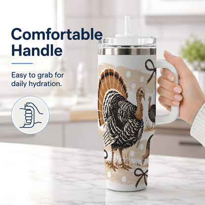 #pl[40oz|White] Thanksgiving Turkey 40oz Stainless Steel Tumbler, Polka Dot Bow Design