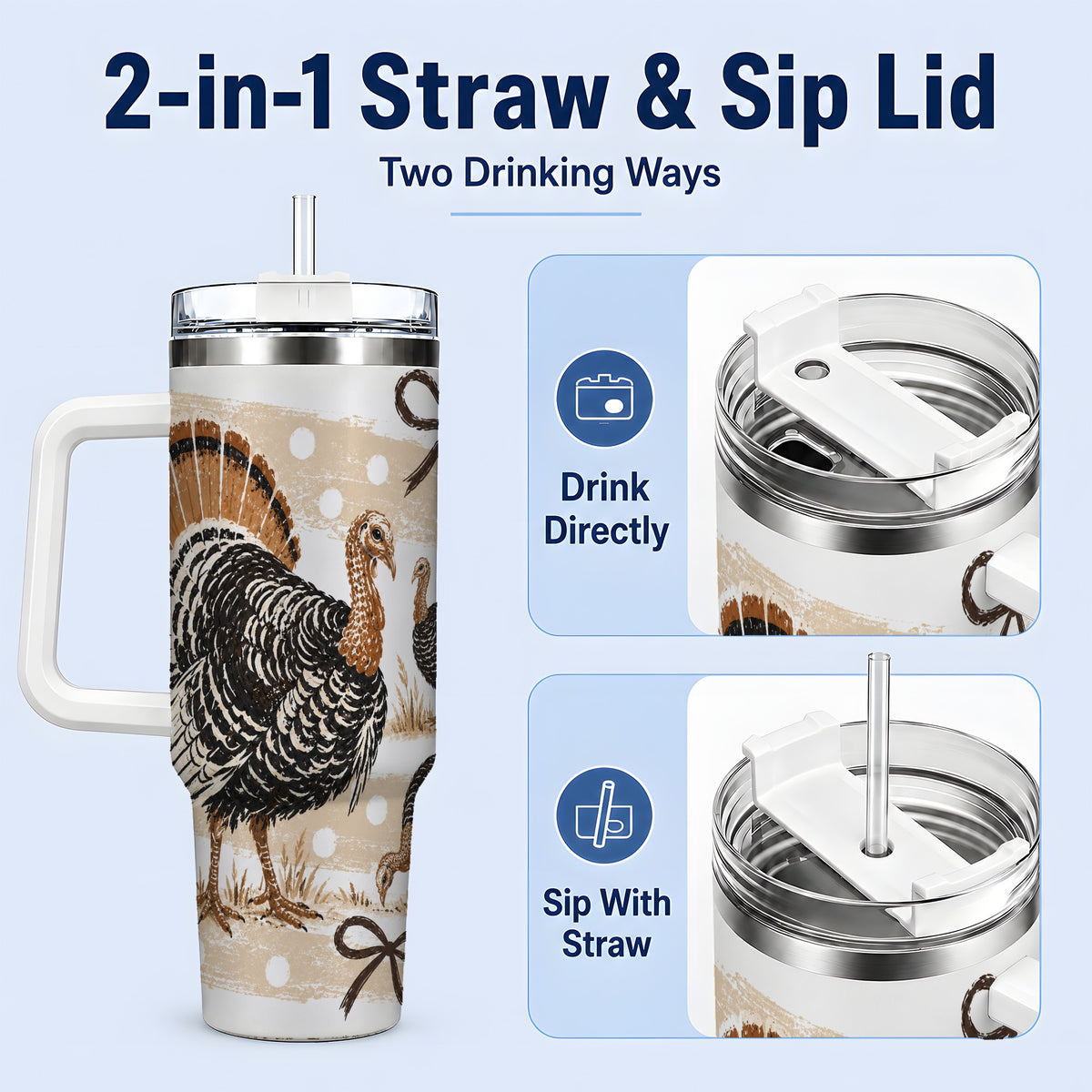 #pl[40oz|White] Thanksgiving Turkey 40oz Stainless Steel Tumbler, Polka Dot Bow Design