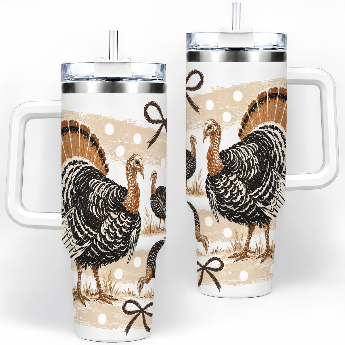Thanksgiving Turkey 40oz Stainless Steel Tumbler, Polka Dot Bow Design