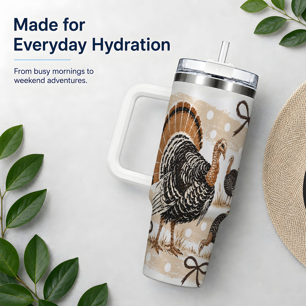 #pl[40oz|White] Thanksgiving Turkey 40oz Stainless Steel Tumbler, Polka Dot Bow Design