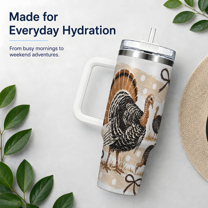 #pl[40oz|White] Thanksgiving Turkey 40oz Stainless Steel Tumbler, Polka Dot Bow Design
