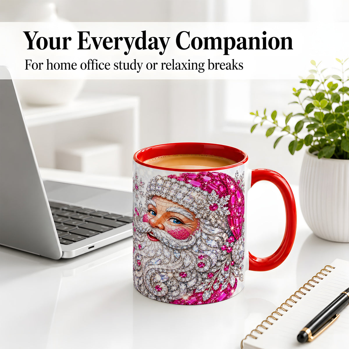 #pl[11oz|Red] Jeweled Christmas Santa Ceramic Mug, Pink Crystal Holiday Artwork