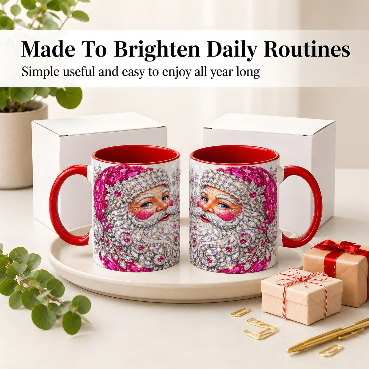 #pl[11oz|Red] Jeweled Christmas Santa Ceramic Mug, Pink Crystal Holiday Artwork