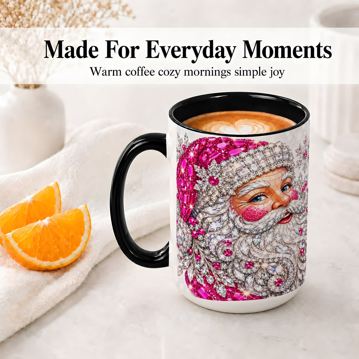 #pl[15oz|Black] Jeweled Christmas Santa Ceramic Mug, Pink Crystal Holiday Artwork