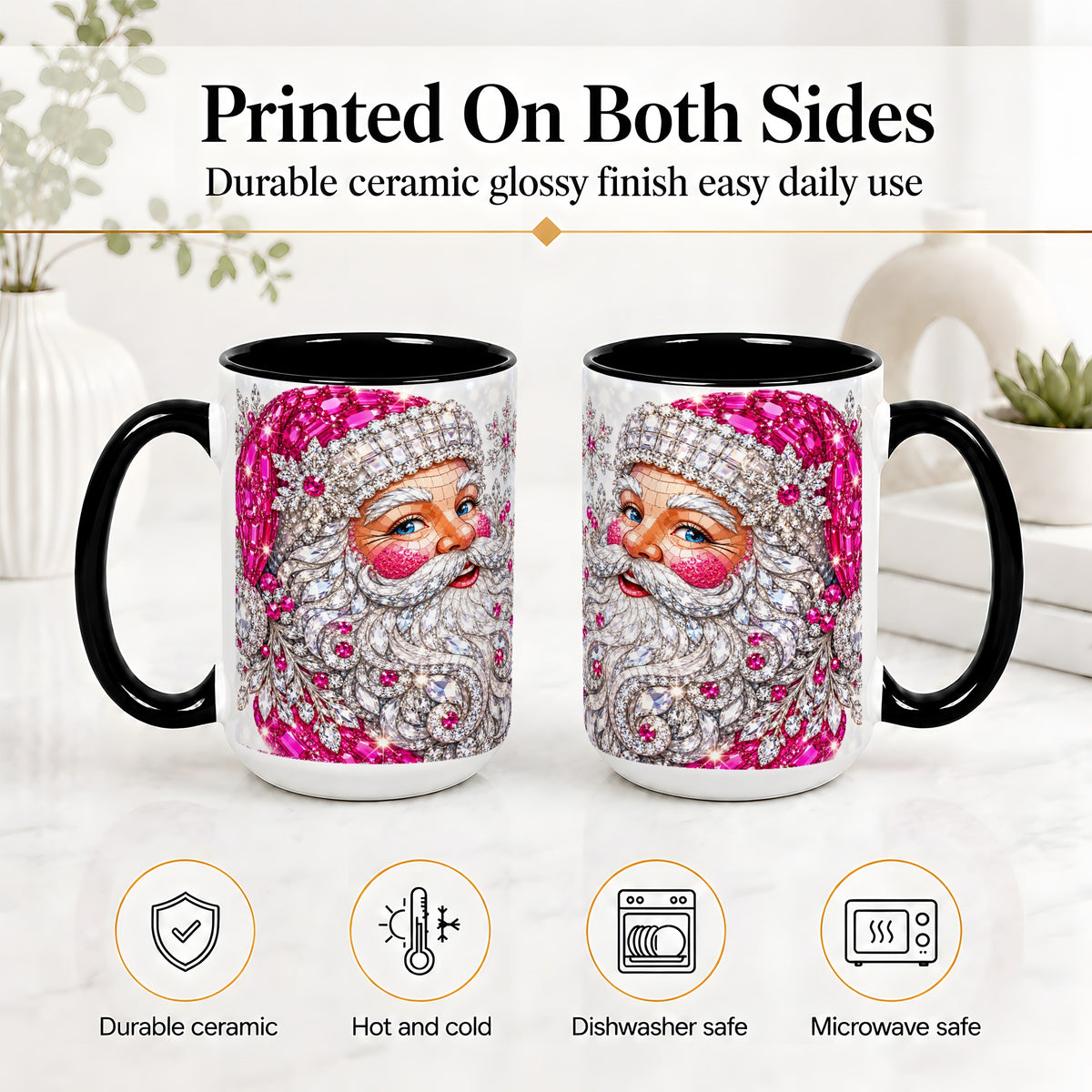 #pl[15oz|Black] Jeweled Christmas Santa Ceramic Mug, Pink Crystal Holiday Artwork