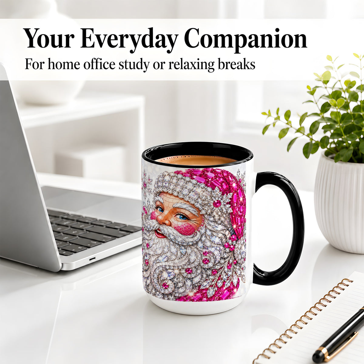 #pl[15oz|Black] Jeweled Christmas Santa Ceramic Mug, Pink Crystal Holiday Artwork