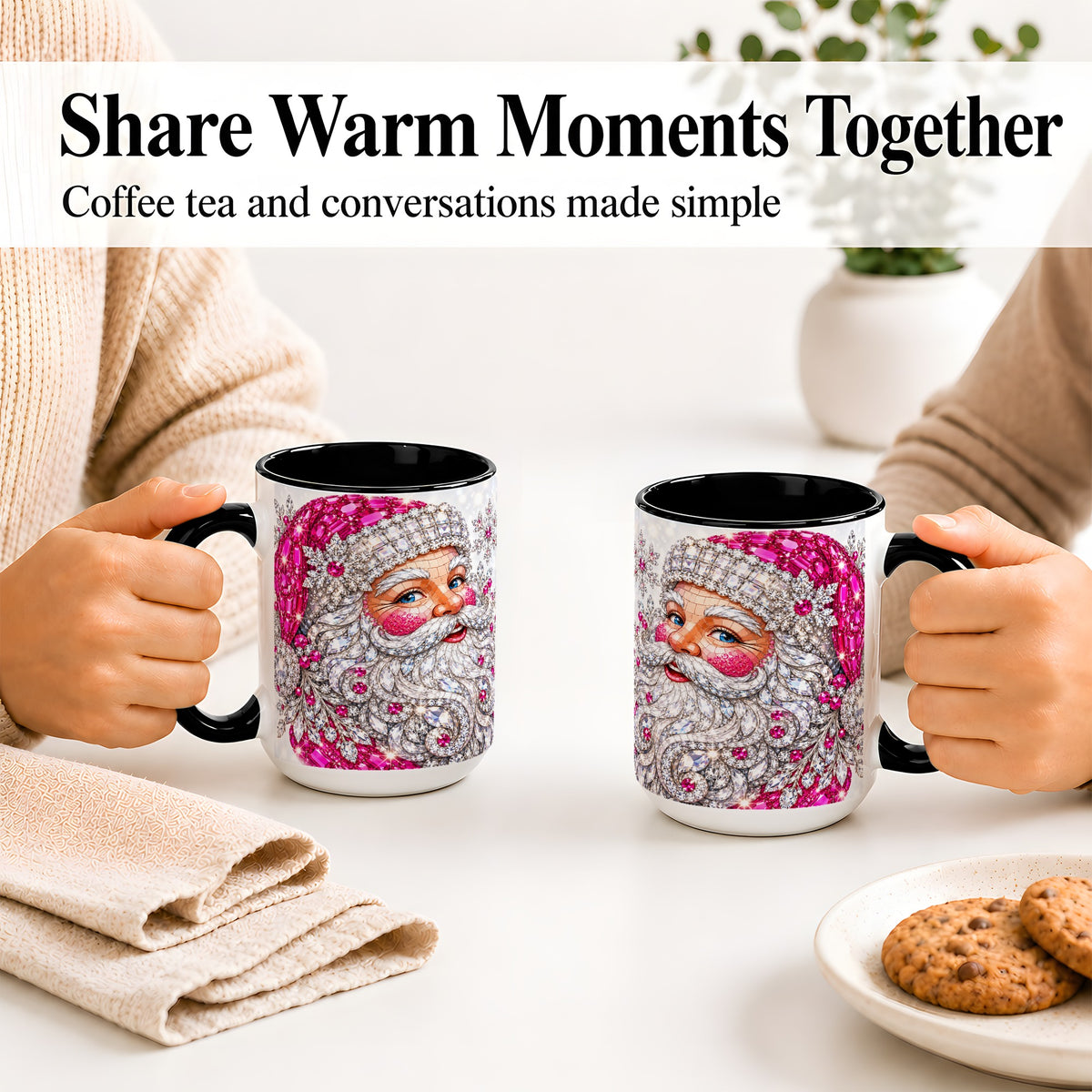 #pl[15oz|Black] Jeweled Christmas Santa Ceramic Mug, Pink Crystal Holiday Artwork