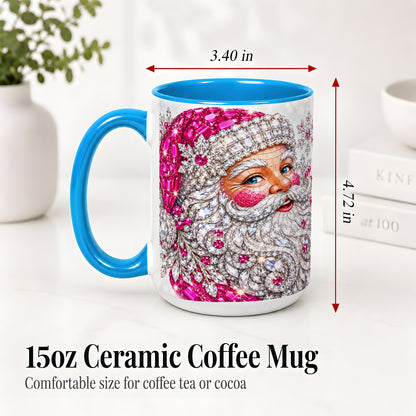 #pl[15oz|Blue] Jeweled Christmas Santa Ceramic Mug, Pink Crystal Holiday Artwork