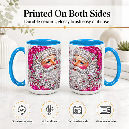 #pl[15oz|Blue] Jeweled Christmas Santa Ceramic Mug, Pink Crystal Holiday Artwork