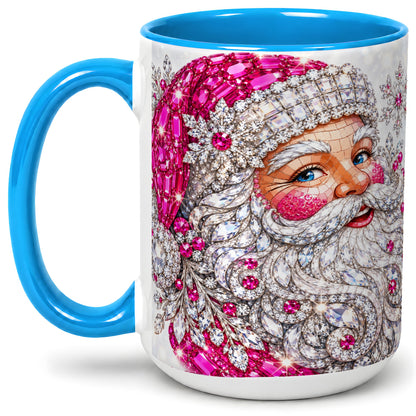 #pl[15oz|Blue] Jeweled Christmas Santa Ceramic Mug, Pink Crystal Holiday Artwork